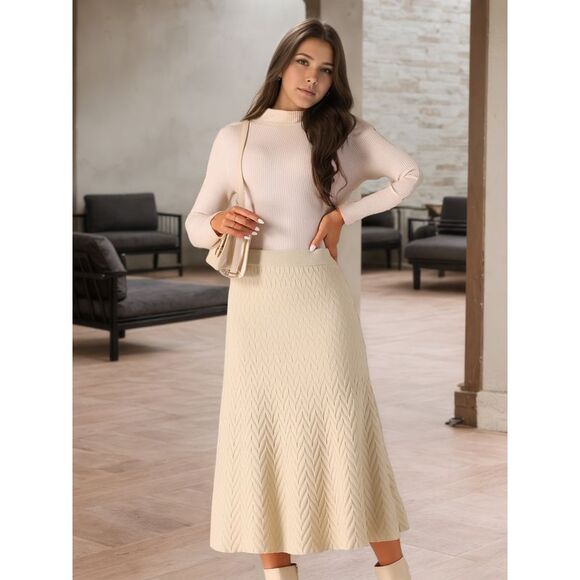 Elastic High Waist Stretchy Sweater Midi Skirt Beige - Picture 2 of 5